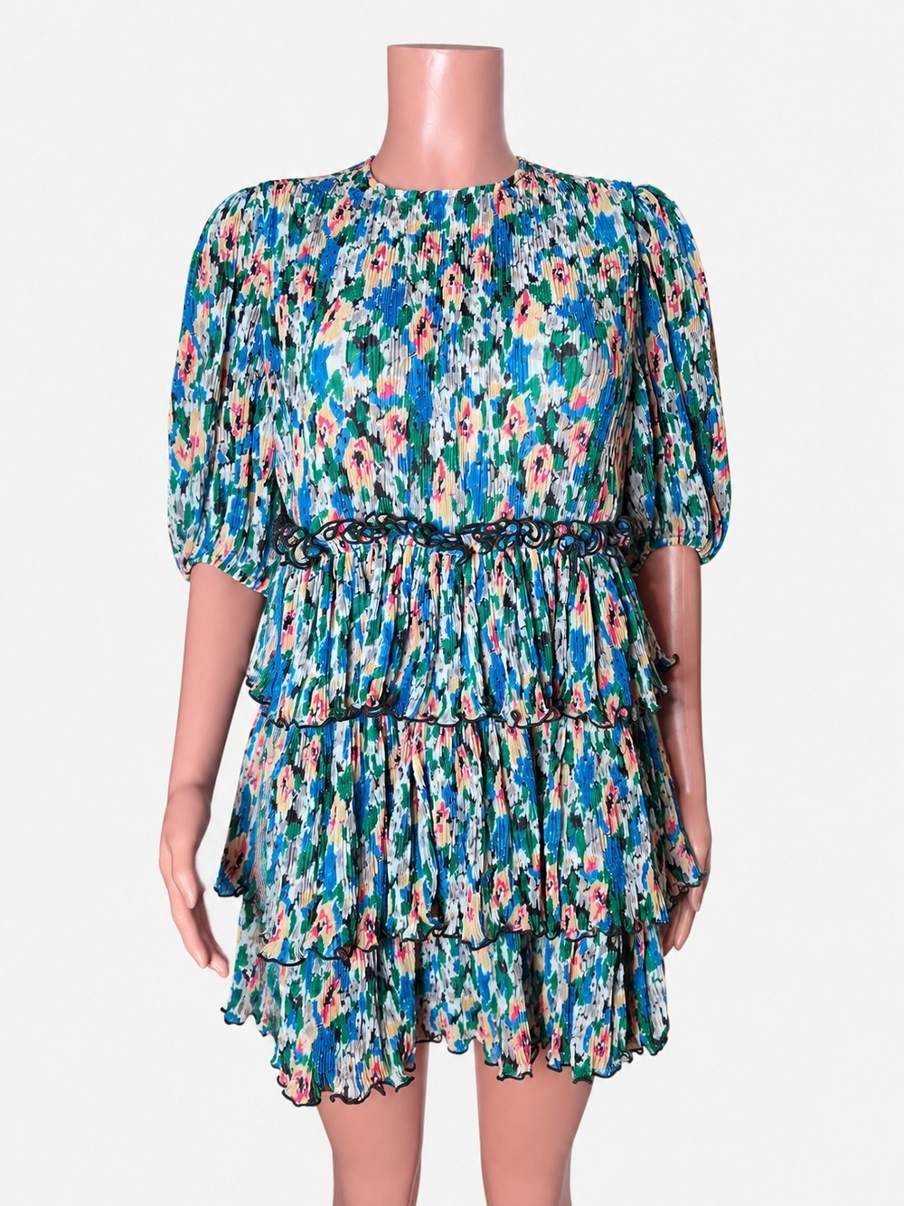 NWOT Ganni Tiered Plisse Georgette in Floral Azure 38 (6)
